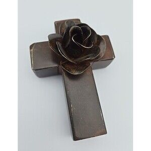 Jan Barboglio Cross with Flower Hand Forged Solid Iron Sculpture Blessing 4"